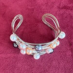 Sterling Silver & Multicolor pearls wide cuff bracelet